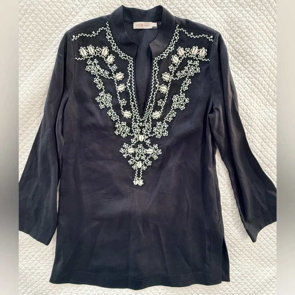Tory Burch Embellished Silk Tunic Navy Caftan Top Size L